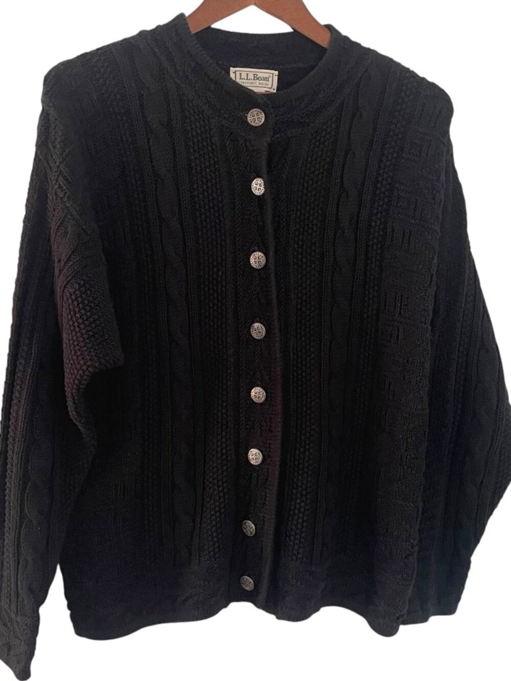 Vintage 90s LL Bean Fisherman Cardigan Sweater M Black Cable Knit Metal Buttons